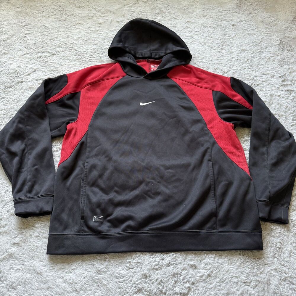 Y2K NIKE CENTER SWOOSH HOODIE BLACK RED PULLOVER MEDIUM